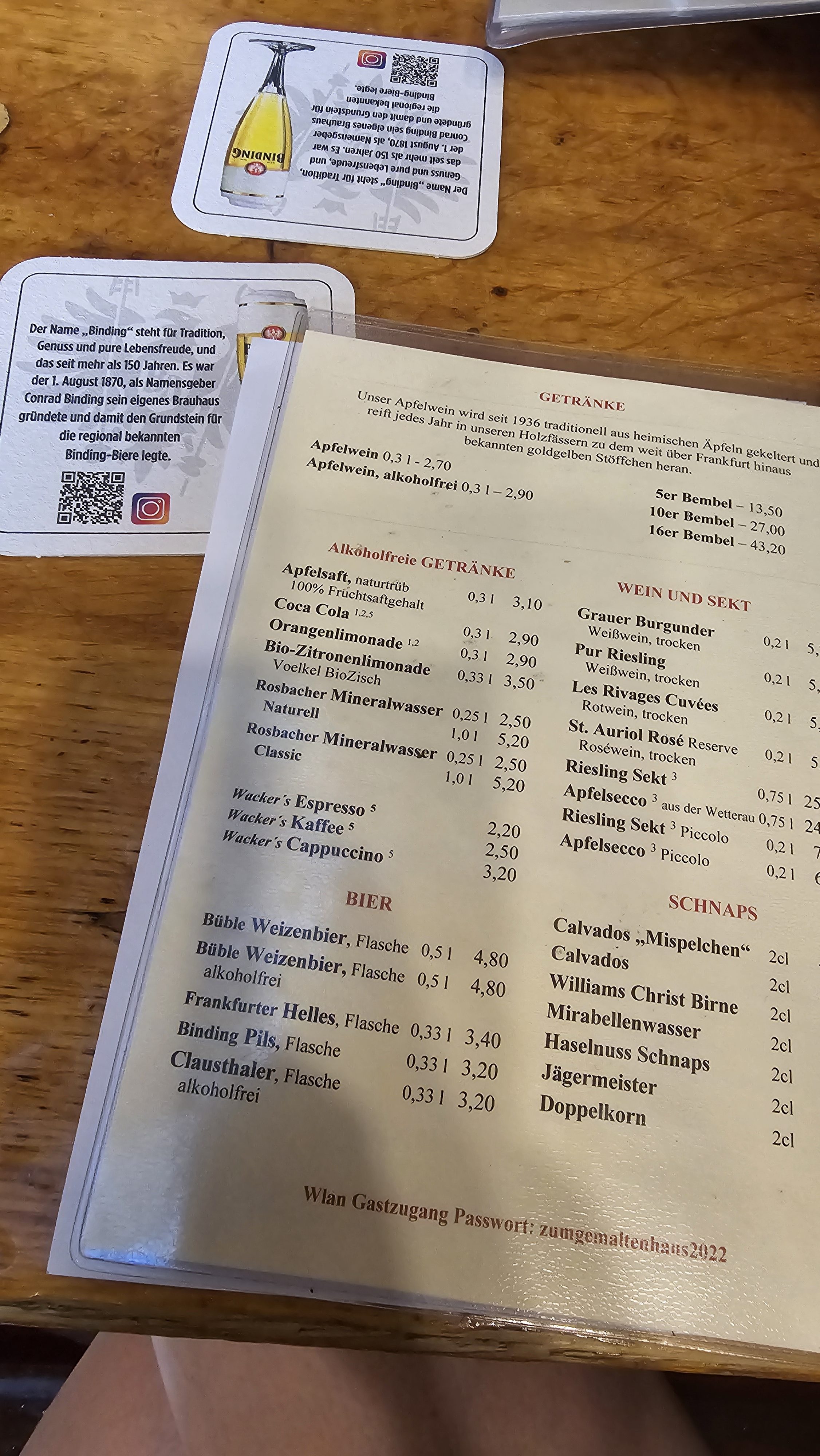 Menu at Zum Gemalten House Frankfurt